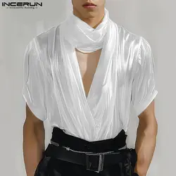 Incerun-モノクロの男性用サテンタートルネックTシャツ、半袖トップス、中空ストリートウェア、プリーツファッション服、2022