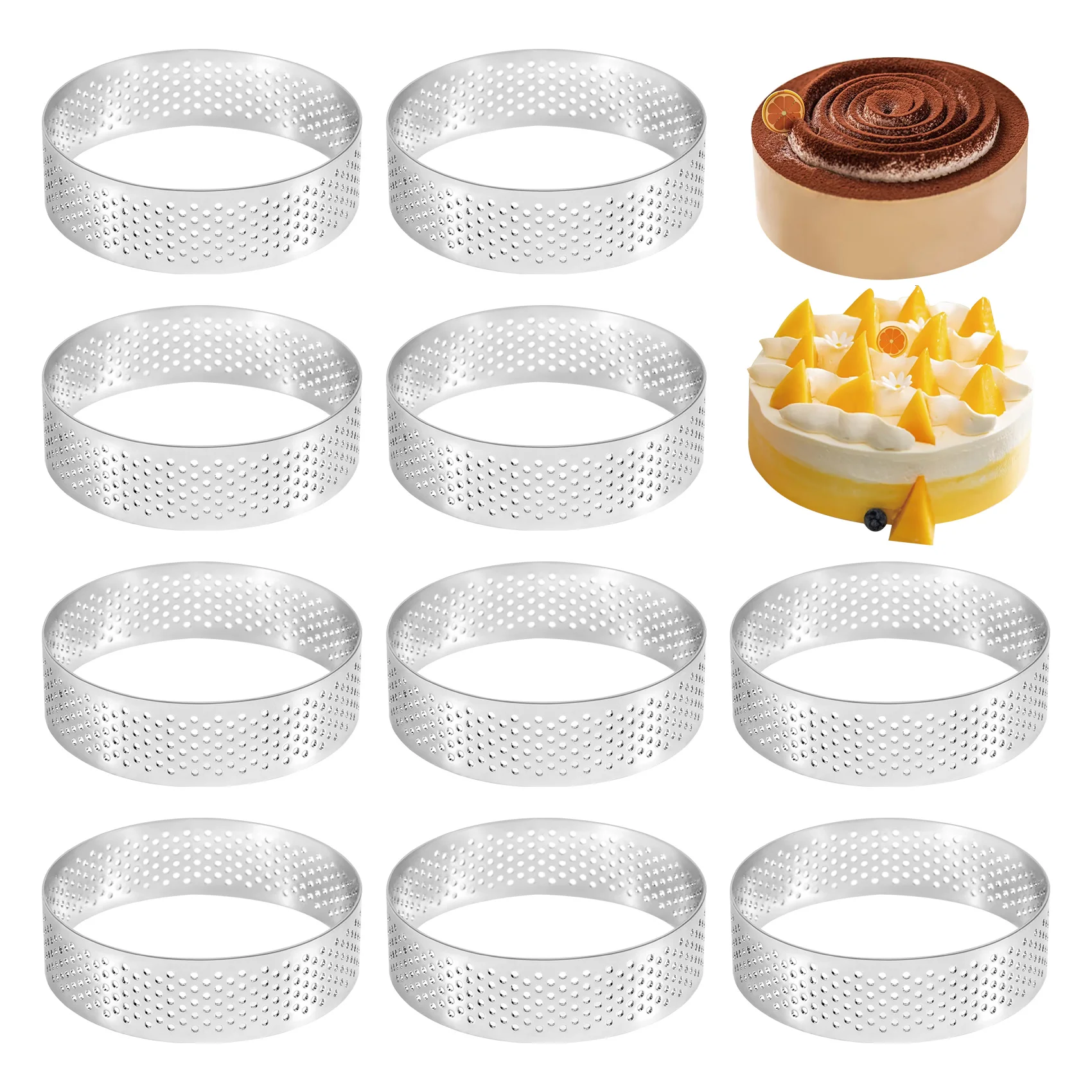 

Newest 10Pcs Circular Tart Rings with Holes Stainless Steel Fruit Pie Quiches Cake Mousse Mold Kitchen Baking Mould 7cm