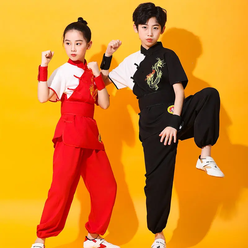 

2025 retro chinese style dragon embroidery wushu outfit unisex martial arts performance clothing kick boxing competition costume