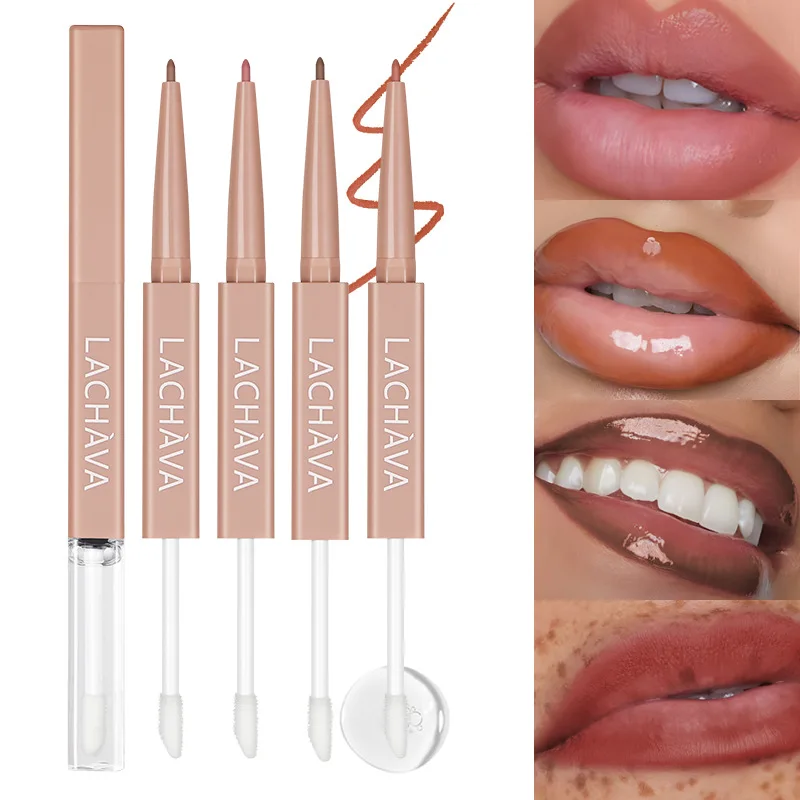 Two in one double head lipliner and transparent lip gloss, matte matte smooth lipliner, durable color locking