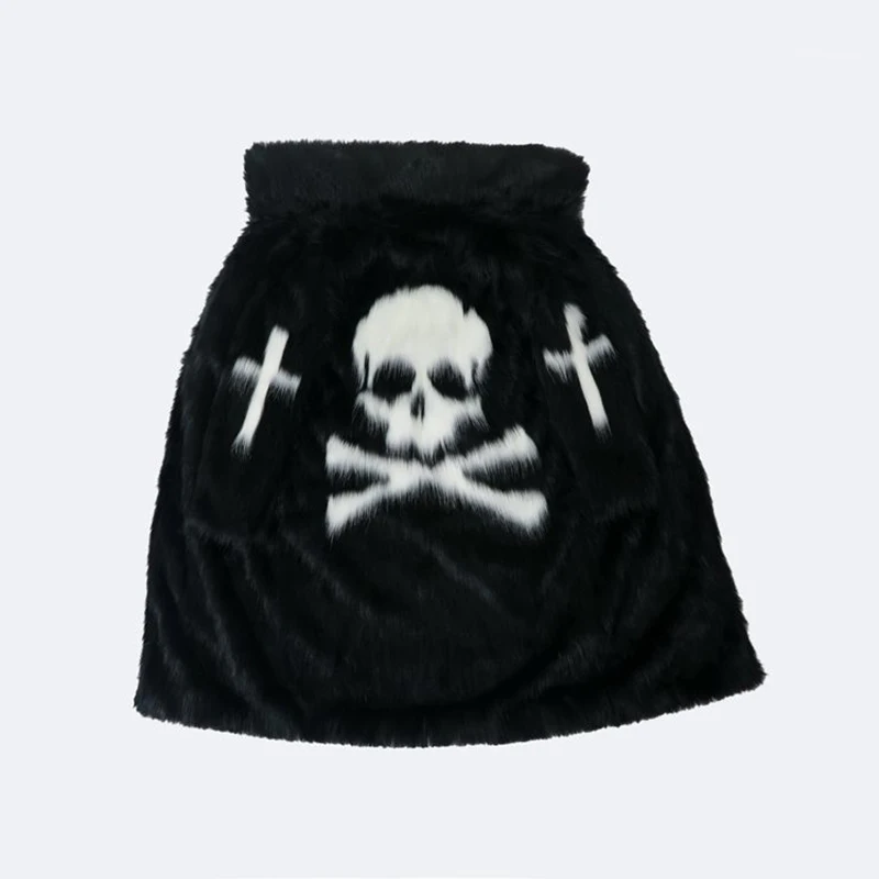 PFHQ Male Skull Pattern Faux Fur Coat Long Knee Length Outdoor