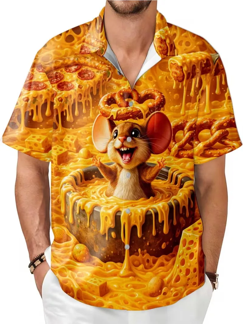 Men's 3D Cartoon Mouse Cheese Pizza Print Hawaiian Shirt Casual Short Sleeve Button Down Funny Beach Shirts Novelty Aloha Shirt