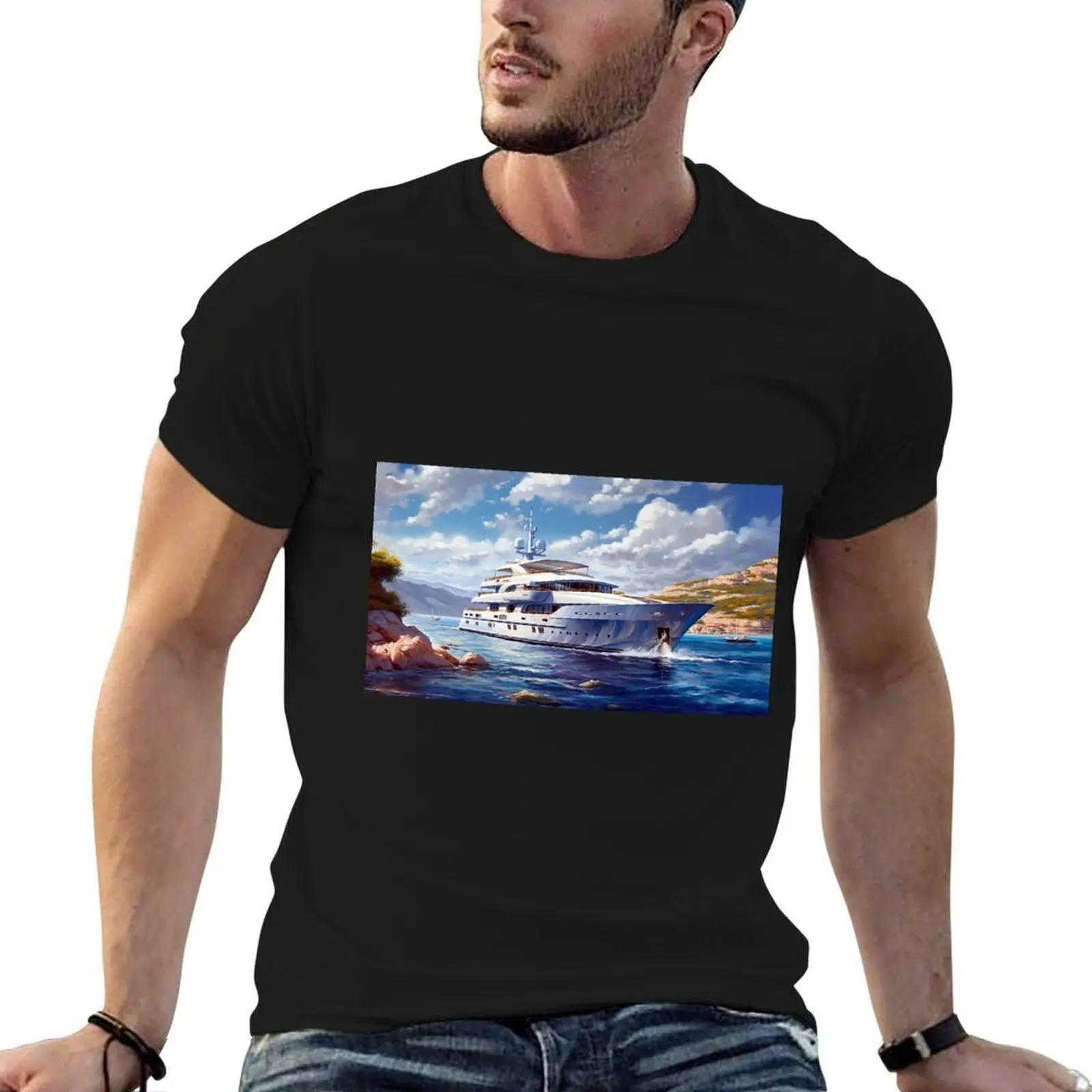 Luxurious Super Yacht Cruising Through The Crystal Clear Waters T-Shirt t shirts with prints man t shirts for men casual T-Shirt