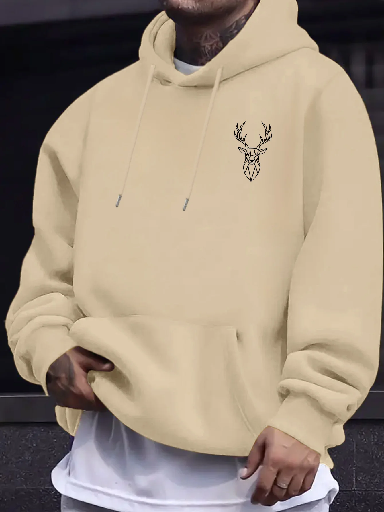 Moletom Masculino de Lã com Capuz Estampado de Cabeça de Cervo Geométrica, Quente para o Inverno, Roupa Esportiva Atlética, Blusa Casual Solta para Tr