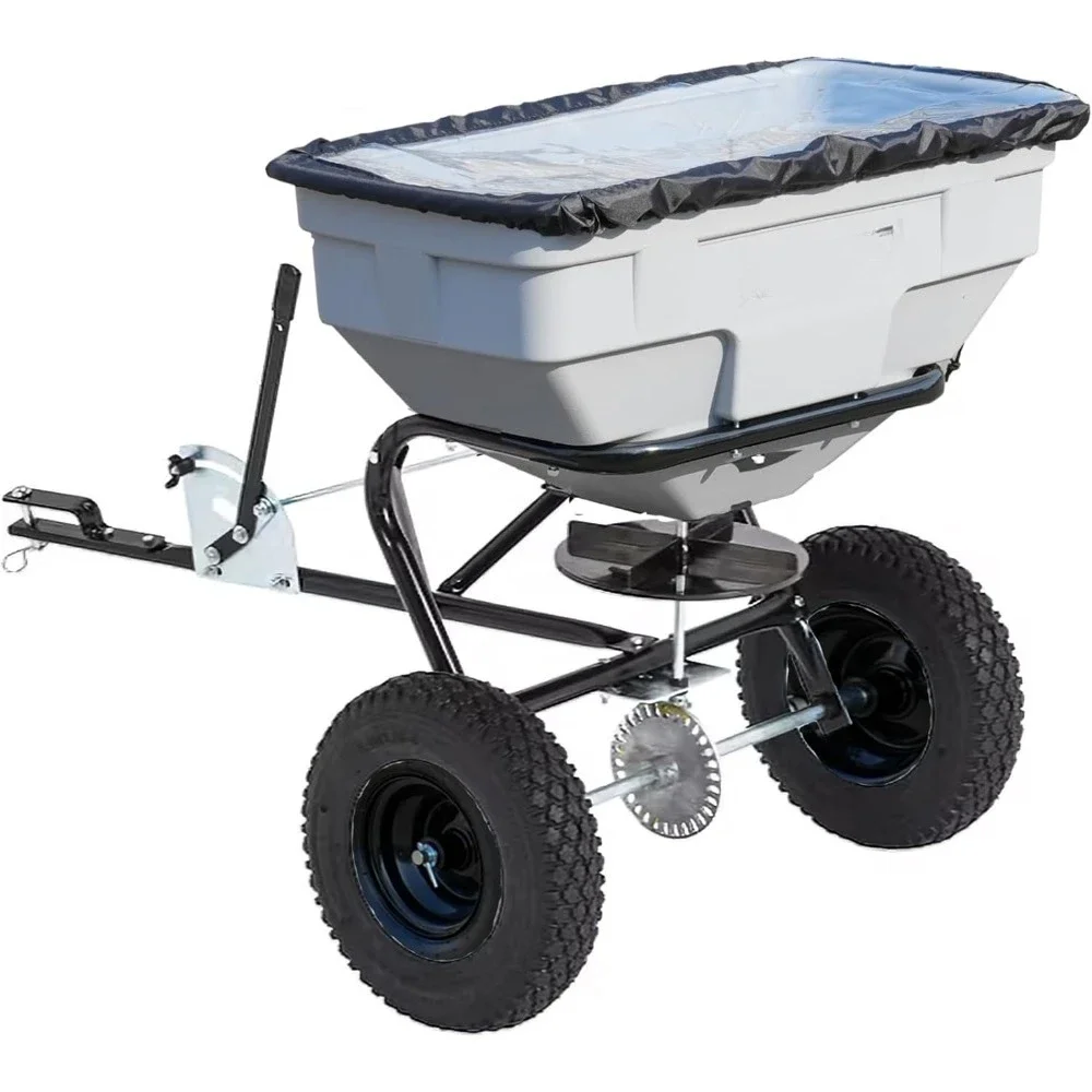 

125 LB Tow Behind Lawn & Garden Broadcast Spreader - Seed, Fertilizer, Salt, Ice Melt - Premium Aluminum Cast Gears