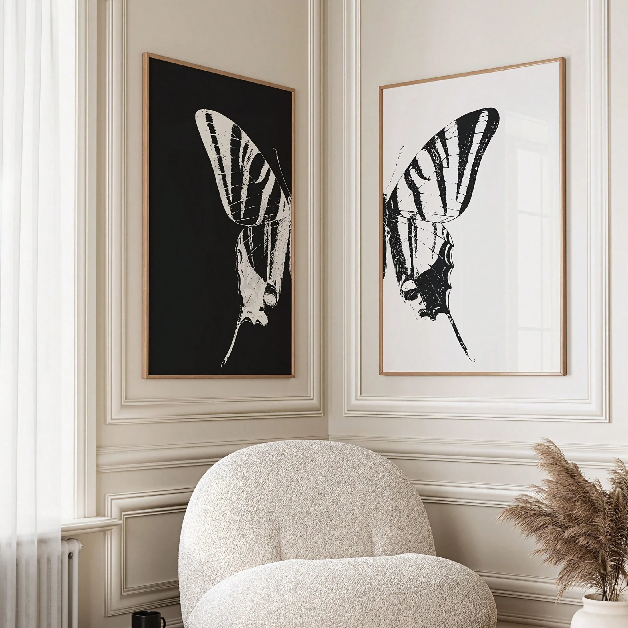 2pcs frameless Canvas Painting Two Black and White Butterfly Wall Paintings - Modern Minimalist Insect Posters - Nordic Style Li