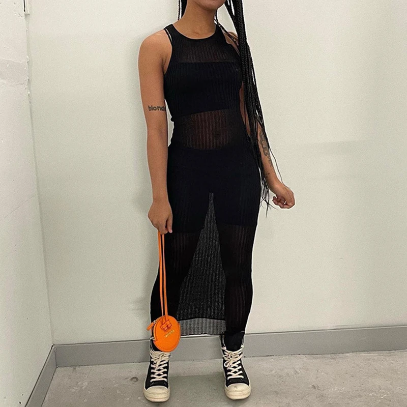 BKLD Minimalist Summer Stripes Tank Dress Black Round Collar Sleeveless Off-shoulder Slimming Transparent Casual Maxi Dress 2025