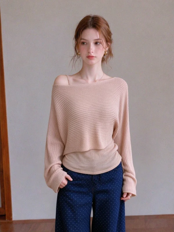 Loose Long Sleeve Knitted Sweater Women's Style Casual Bore Shoulder Top Two-Piece Set Pink Hollow out Knitwear for Autumn