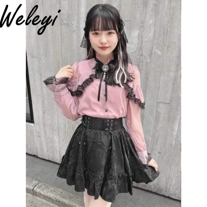 

Women Clothes Lolita Style Tops 2024 Spring and Autumn New Versatile Slim Drawstring Transparent Mesh Bottoming Camisas E Blusas