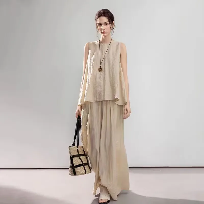 Top informal sin mangas y pantalones de pierna ancha, conjunto de dos piezas de lino y algodón a la moda para mujer, novedad de verano, moda perezosa para mujer N876