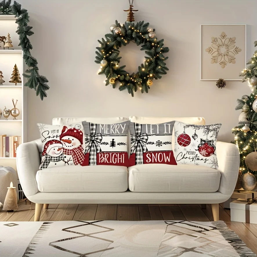1pc 2025 Winter Farmhouse Plaid Christmas Pillowcase | Snowman Design, Zipper/Polyester | Sofa/Living Room/Yard (No Insert)