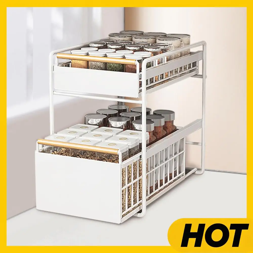 

2-Tier Cabinet Pull-Out Organizer with Hooks Cabinet Storage Rack Multifunction Storage Holder for Bathroom Bedroom Skin Care