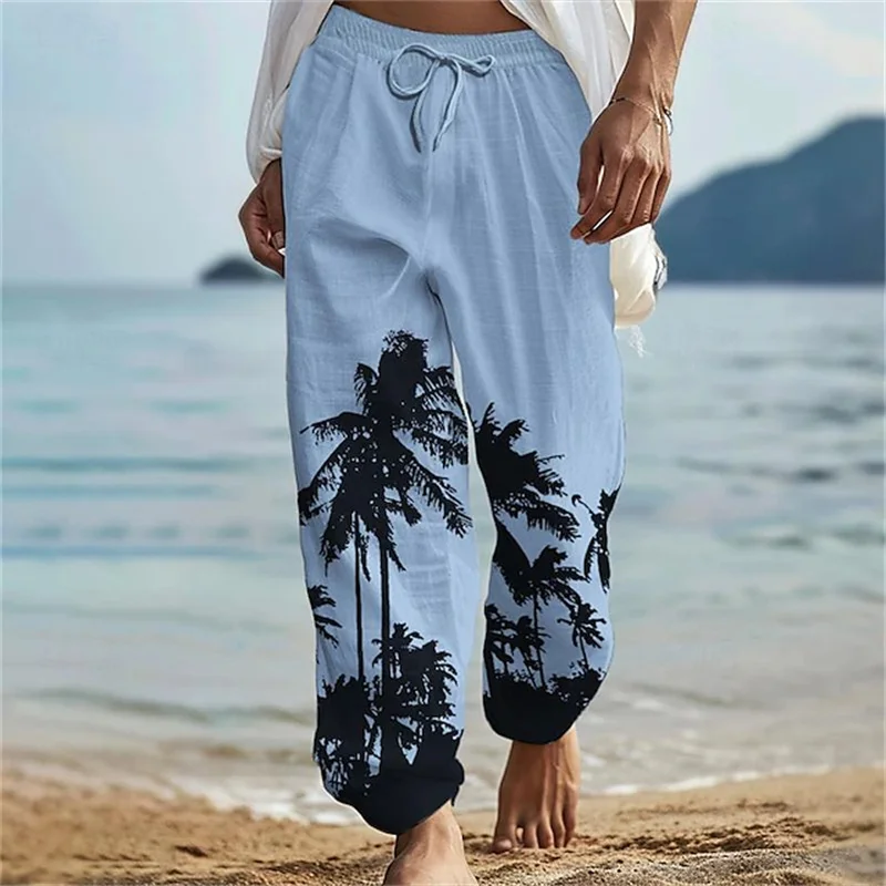 New Men's Casual Pants Hawaiian-Style Beach and Coconut Tree Print Straight-Leg Pants with Drawstring Plus Size Men's Clothing