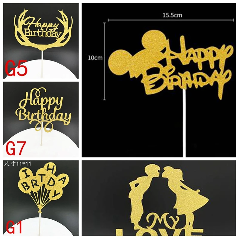 

1pcs Creative Cake Topper Happy Birthday Flags Colorful Mickey Gold For Family Birthday Party Cake Baking Decoration Supplies