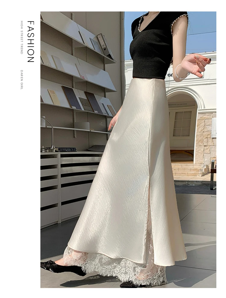 2026 Sommer Herbst Neuer Schlanker Hochwertiger Modischer Halbrock Eleganter Spitzenbesatz Satin Seitenschlitz Damen Midi-Rock – Detail 12