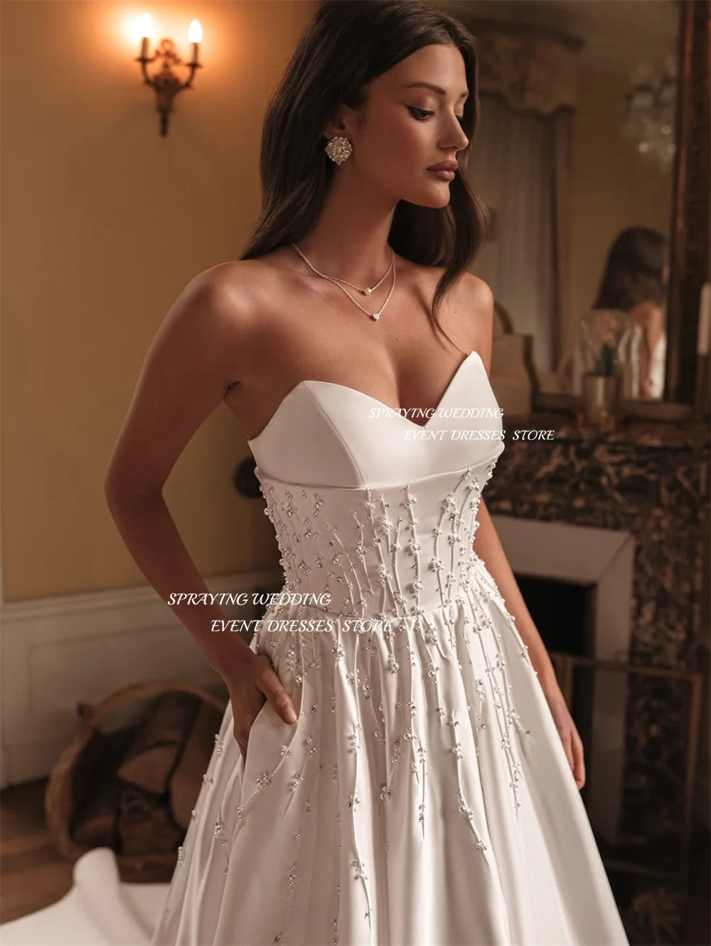 SPRAYING Stylish Pearls Wedding Dress Satin Sleeveless Pleat Sweetheart Pockets Button Chapel Train Vestidos De Novia Customized
