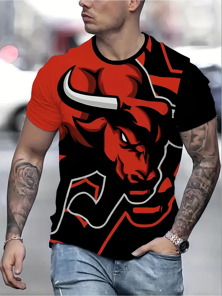 

2024 New Casual Everyday Men's T-shirt Outdoor Street Fashion Short Sleeve Summer Men's Top 3D Bull Print Men's Oversized T-shir