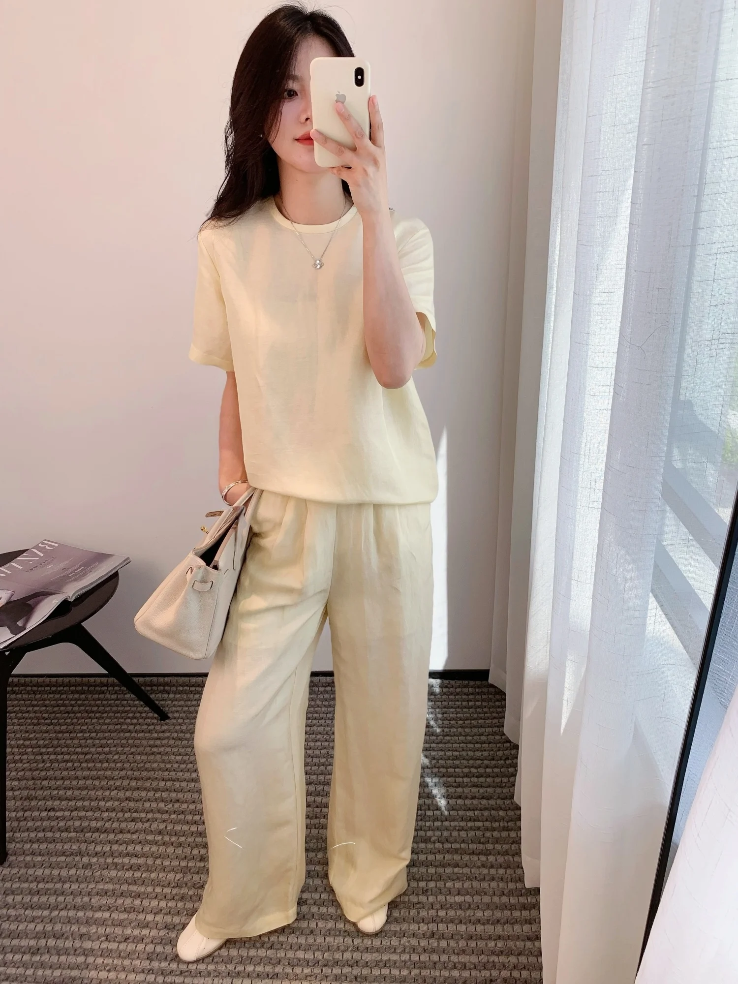 

Thoey Chen Women's Lazy Style Linen Set Short Sleeve Long Pants Casual Fashion Summer Outfit Two-Piece Suit round Neck Zipper