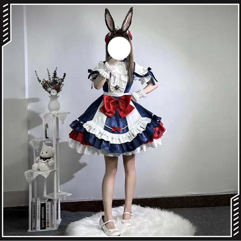 

Game Amiya Cosplay Arknights Costume Lolita Uniform White and Blue Long Dress with Wig Full Set Role Play Outfit for Women