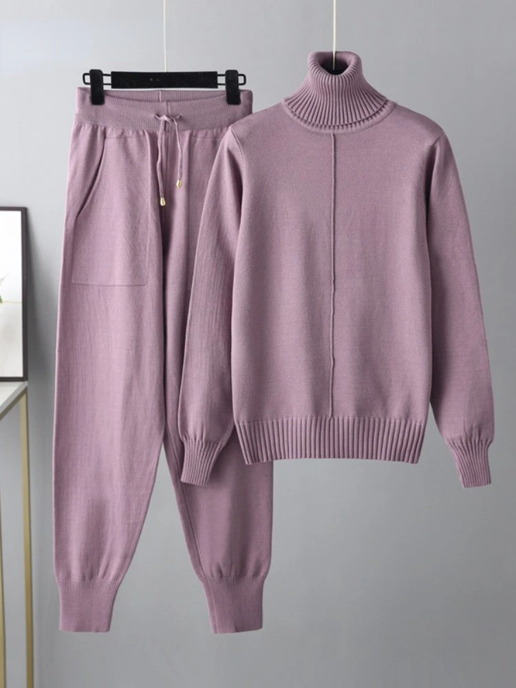 

Women's Sweaters Korean Fashion Suits Autumn Winter New In Turtleneck Knitting Pullover 2 Piece Sets Long Sleeve Top Pant Sets