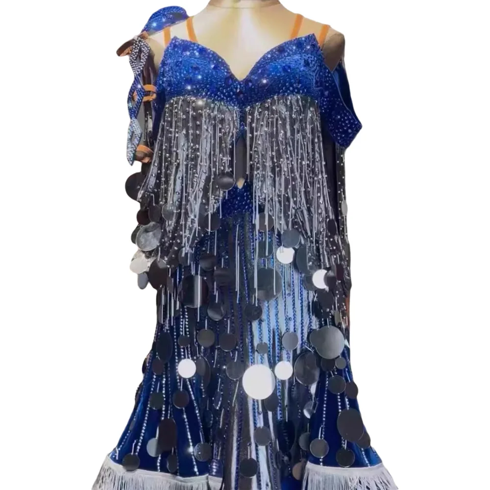فستان راقص لاتيني للأطفال البالغين عالي الجودة مخصص بالترتر، أزرق ياقوتي مخملي تانجو سامبا AB Stone Performance