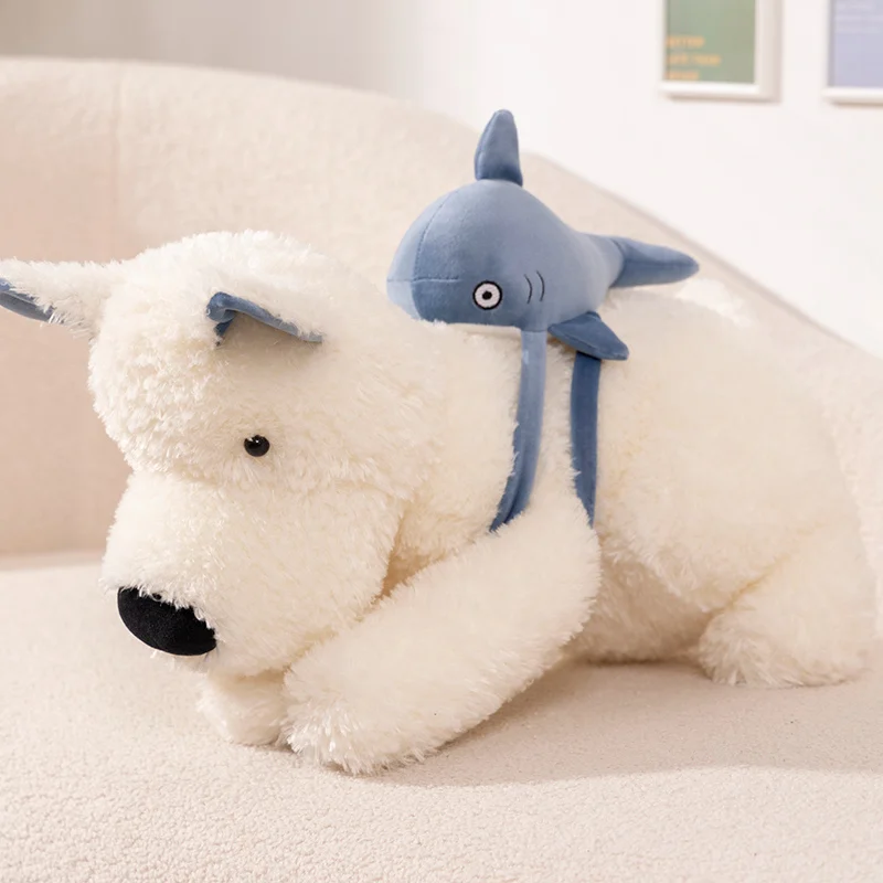 Cute Fluffy Hair West Highland Sitting Dog Soft Stuffed Animal Lifelike Fluflly Puppy Wear Shark Bag Baby Appease Doll Girl Gift