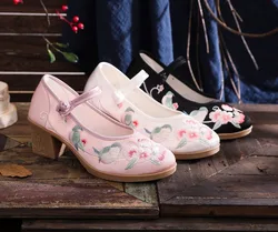 Maogu Chunky Square Heel Black High Heels Women's Shoes Shallow Mouth 2023 Spring Summer New Chinese Embroidery Cloth Shoe Pumps