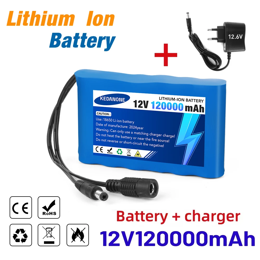 Original new portable 12V battery,120000mAh rechargeable lithium-ion 18650 battery pack, DC 12.6V charger, CCTV audio amplifier+