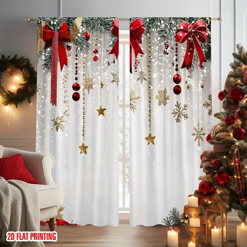 D Flat Printed Merry Christmas Window Curtain 2pcs Durable Polyester for Xmas Party Indoor Outdoor Home Garden Decor