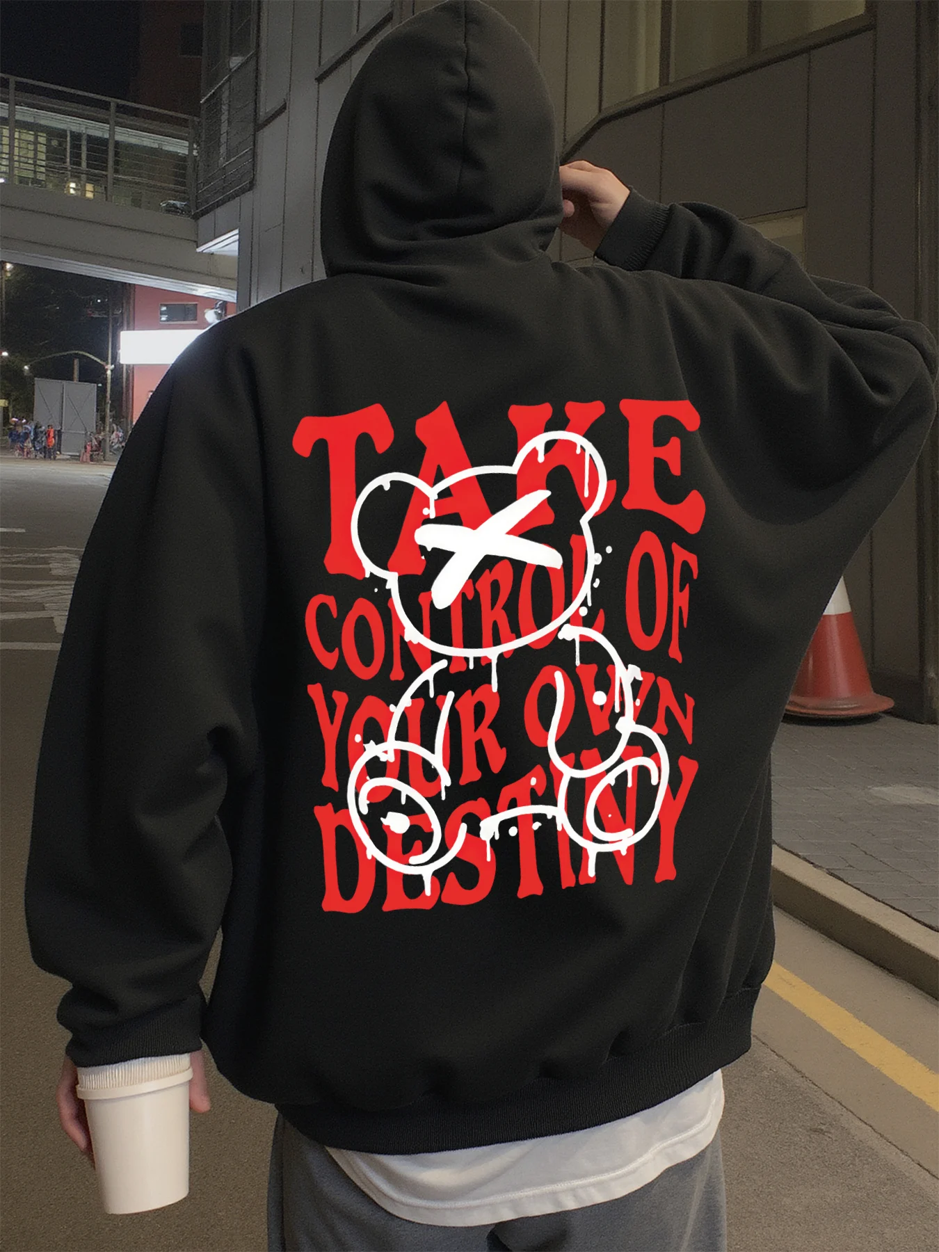 Hoodie for Men, Streetwear, Red Graffiti Bear Graphic Hoodies for Men, Suitable for Wearing in Spring, Autumn, and Winter