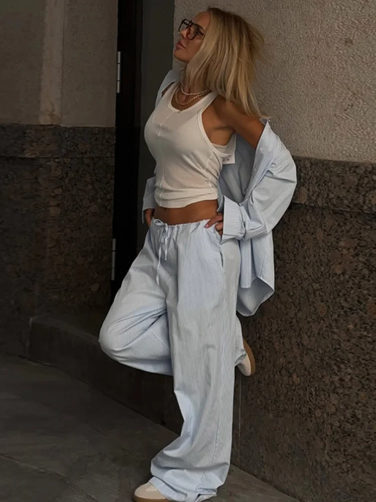Fashion Vertical Stripe Blouse Women Long Pants Set Loose Collar Full Sleeve Shirt Lace Patchwork Pant 2026 Spring Commute Suit