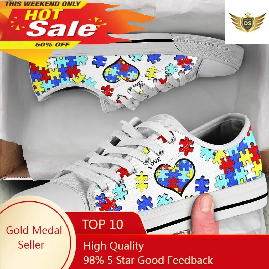 White Autism Awareness Heart Women Shoes New Retro Lowtop Sneakers Shoes For Women Canvas Round Toe Causal Flats Shoes