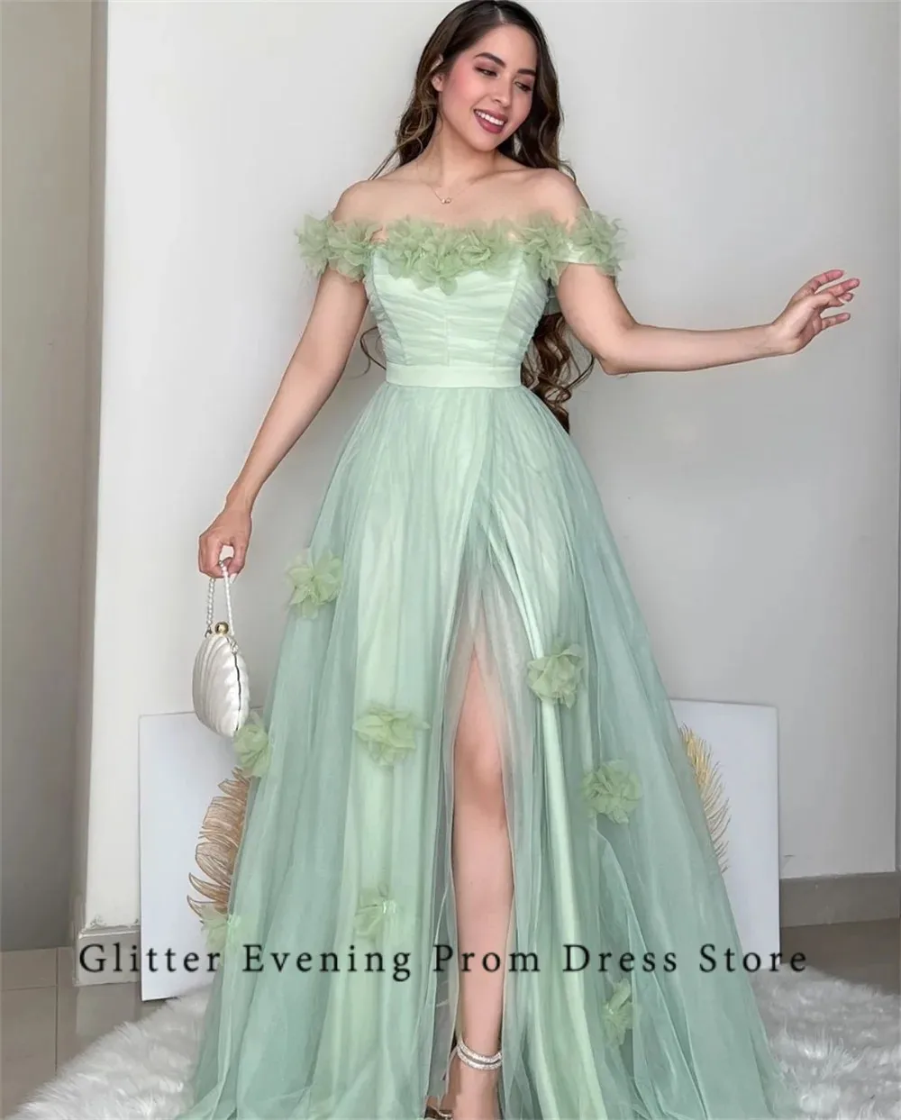 2024 Elegant Sexy Prom Dress For Women A-Line Slide Split Off-Shoulder Backless Flower Tulle Custom Birthday Evening Party Dress