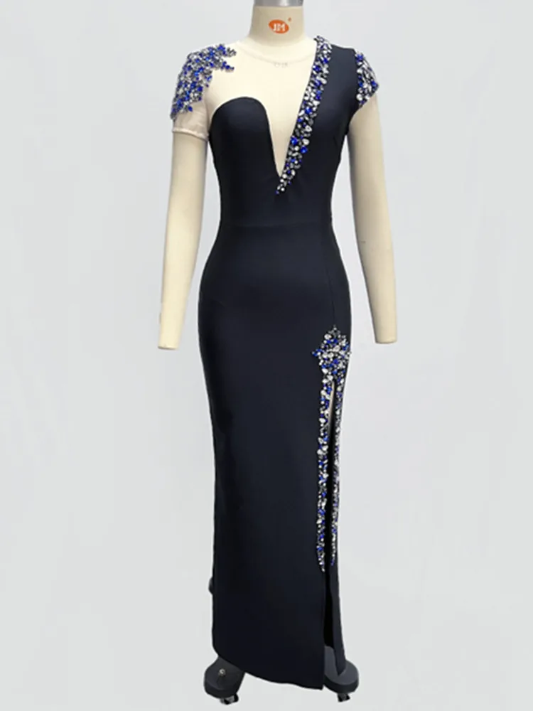 Women Celebrity Sexy Beading Diamonds Mesh Maxi Long Black Bodycon Bandage Dress 2024 Elegant Evening Club Party Dress