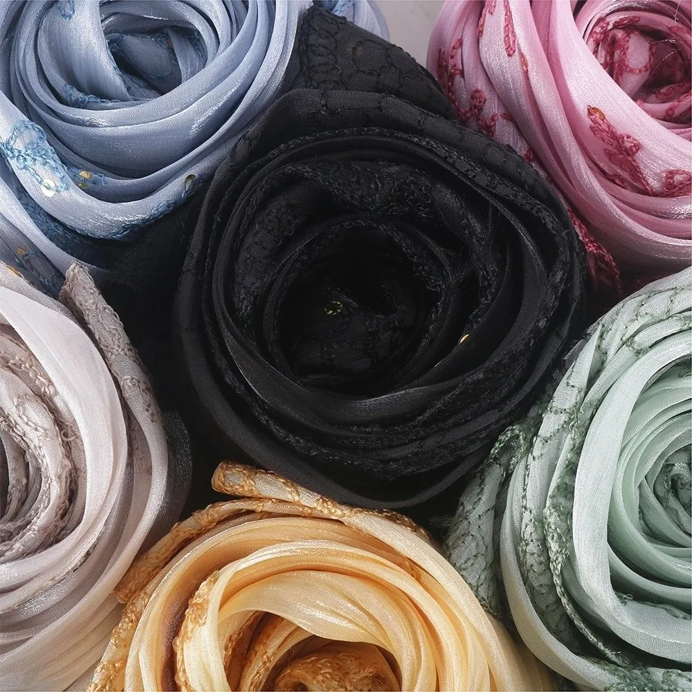 

Luxury Soft Satin Sequin Floral Hijab Flowy Breathable Glitter Shiny Headscarf Sparkly Sequin Embroidered Hijab Wedding Occasion