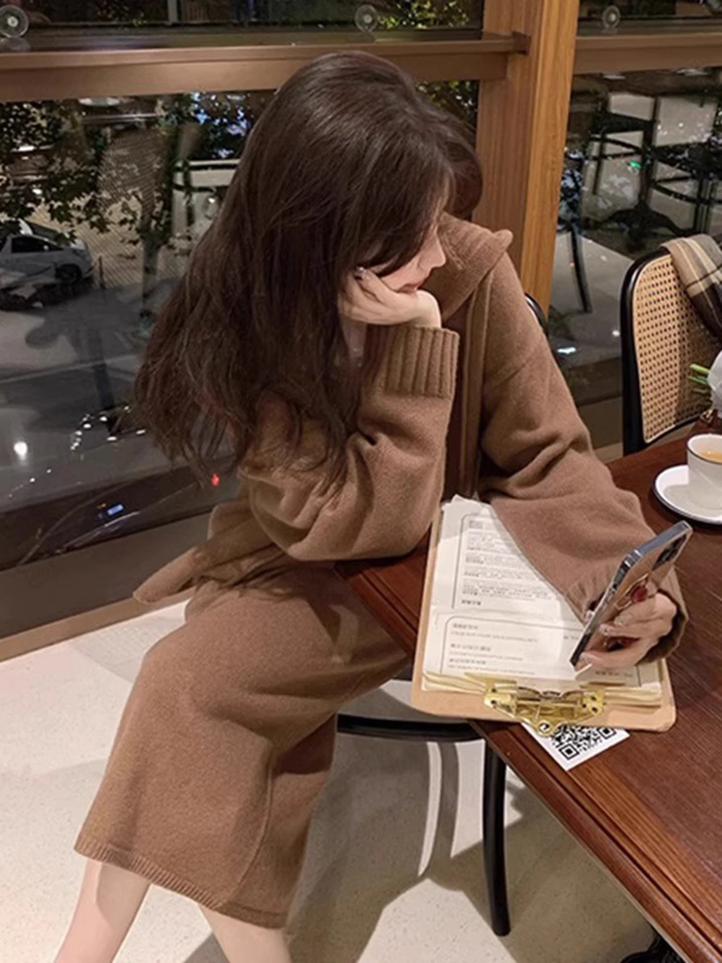 Women's Long Knitted Hoodie Dress Set Casual Style Mid-Warmth Autumn Fashion Two-Piece Outfit Comfortable Loose Fit Basic Style