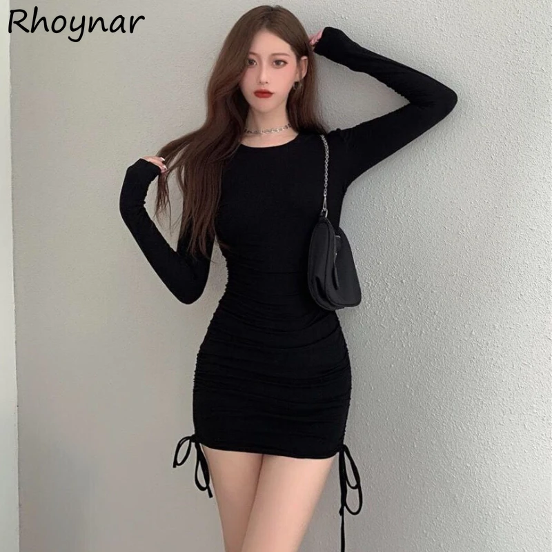 Mini Dresses Women Hotsweet Shirring Y2k Girls Tender Slim Autumn Simple O-neck Streetwear Casual Soft Clubwear All-match Chic