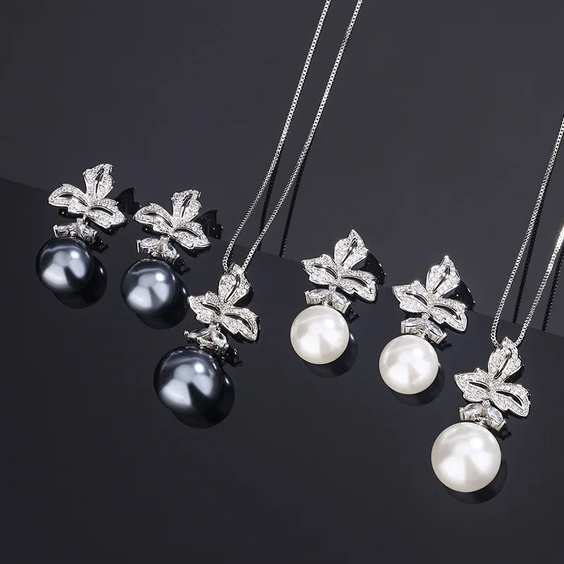 

2023 New in Grey Pearl Luxurious Fashion Pendant Necklace Earrings Lily Flower Women's Jewelry Wedding Anniversary Gift