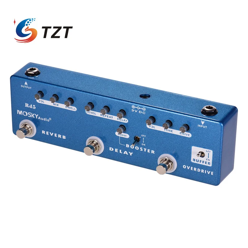 TZT MOSKYAudio RD5 5 인 1 멀티 효과 페달, 버퍼, 오버드라이브, 부스트, 딜레이, 리버브 기타 효과 페달