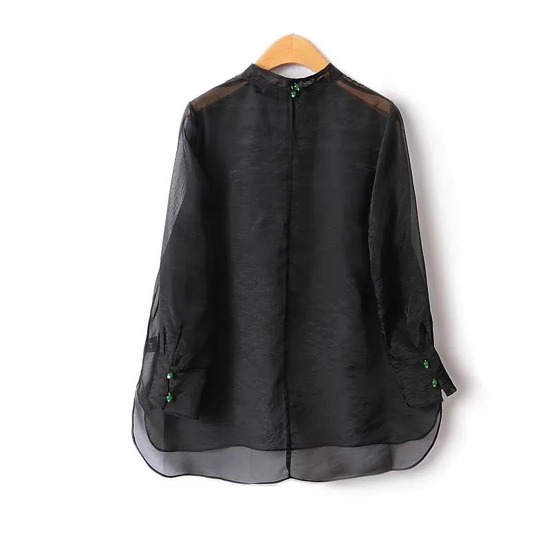 2025 neue Sommer Stehkragen Schwarze Bluse Frauen Mode Sexy Durchsichtig Seide Sonnenschutz Frauen Hemd Casual Weibliche Tops