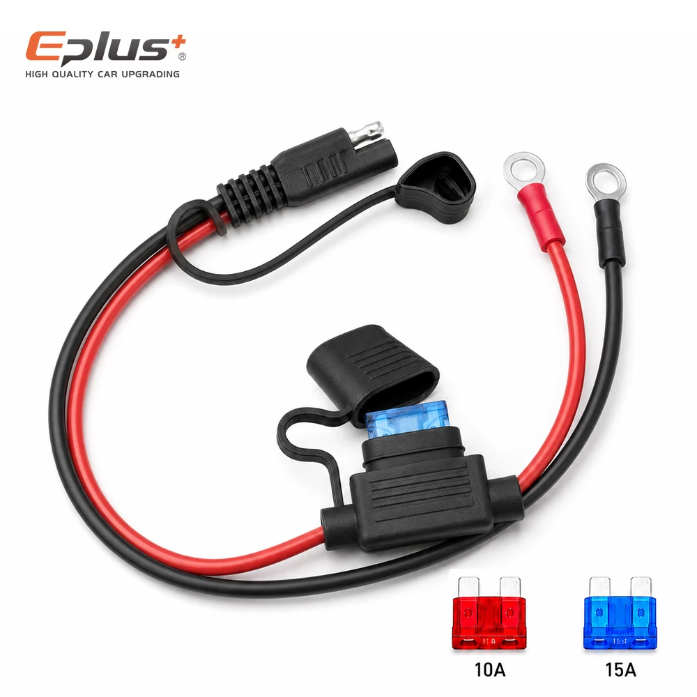 Eplus 10-18AWG 60cm Battery Connection Harness SAE to O Ring Terminal with Built-in Fuse Block for 12V 24V Vehicle & Boat