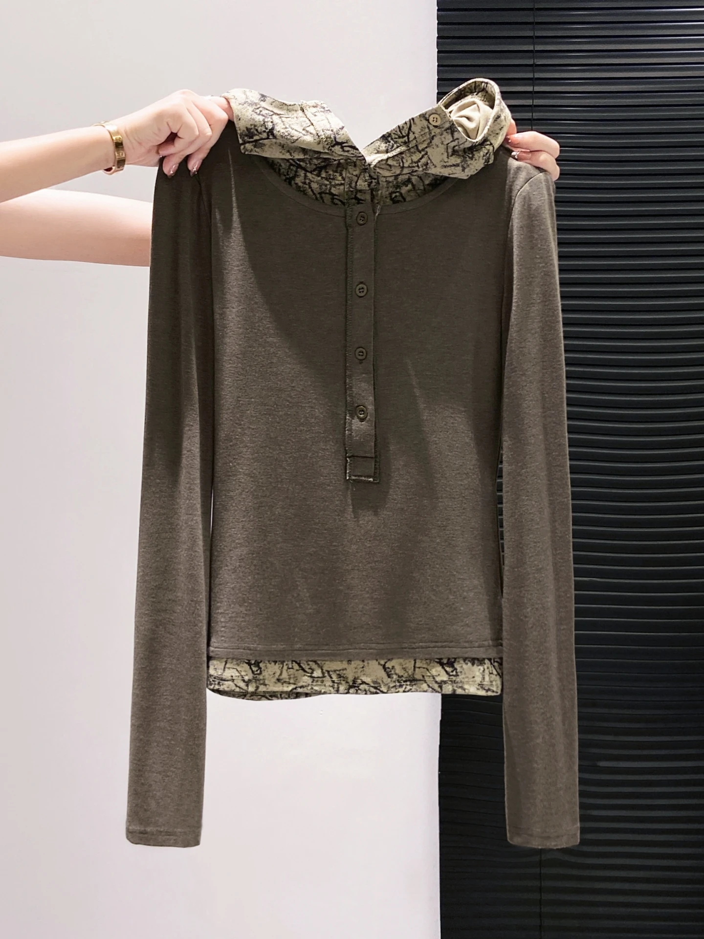   Felpa con cappuccio American Retro Color Blo Long Sve da donna, top in due pezzi finto misto cotone, vestibilità comoda