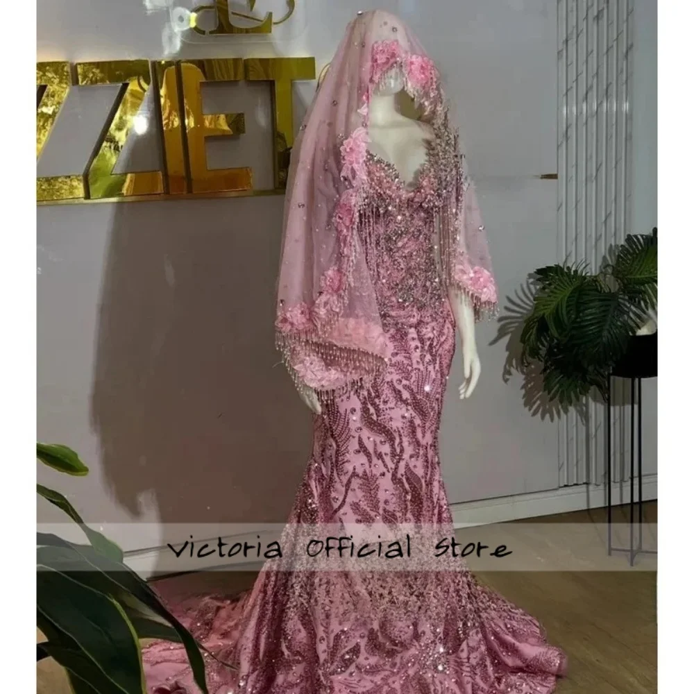 Pink Flowers Prom Dress For Blackgirls With Veil Strapless Crystal Beading Graduation Birth Customized Part Customized