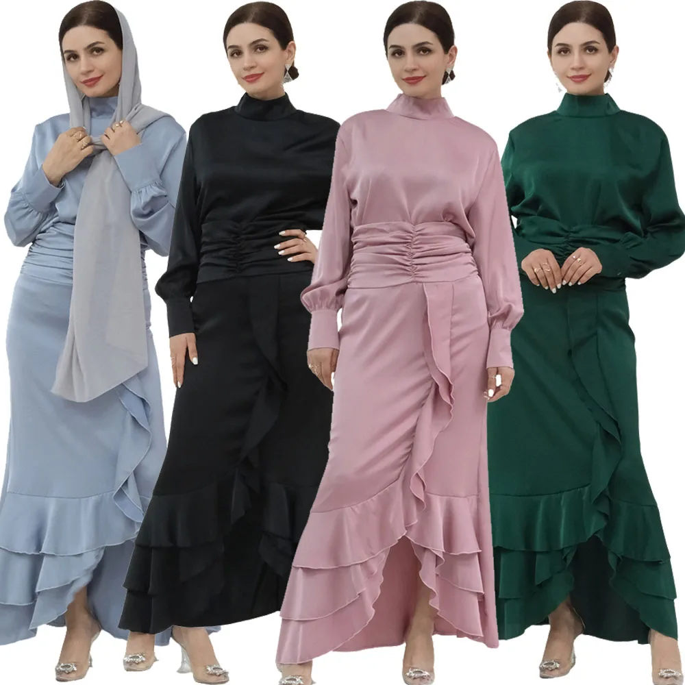 

Muslim Elegant Women Top Skirt Suit Ruffles Abaya Dubai Satin Turkey Arabic Kaftan 2 Piece Dubai Dress Islamic Eid Party Ramadan