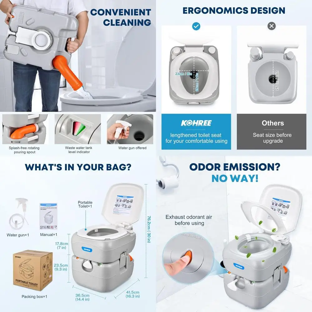 Portable RV Toilet, Camping Toilet Porta Potty, 5.8 Gallon Detachable Waste Tank, Indoor Outdoor Leak-Proof Toilet with Level In