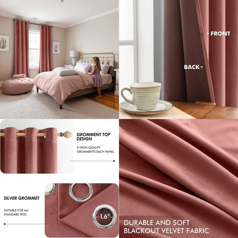 Cortinas de terciopelo rosa polvoriento con aislamiento térmico, 108 largas, opacas y insonorizadas, parte superior con ojales, juego de 2 para dormitorios y salas de estar