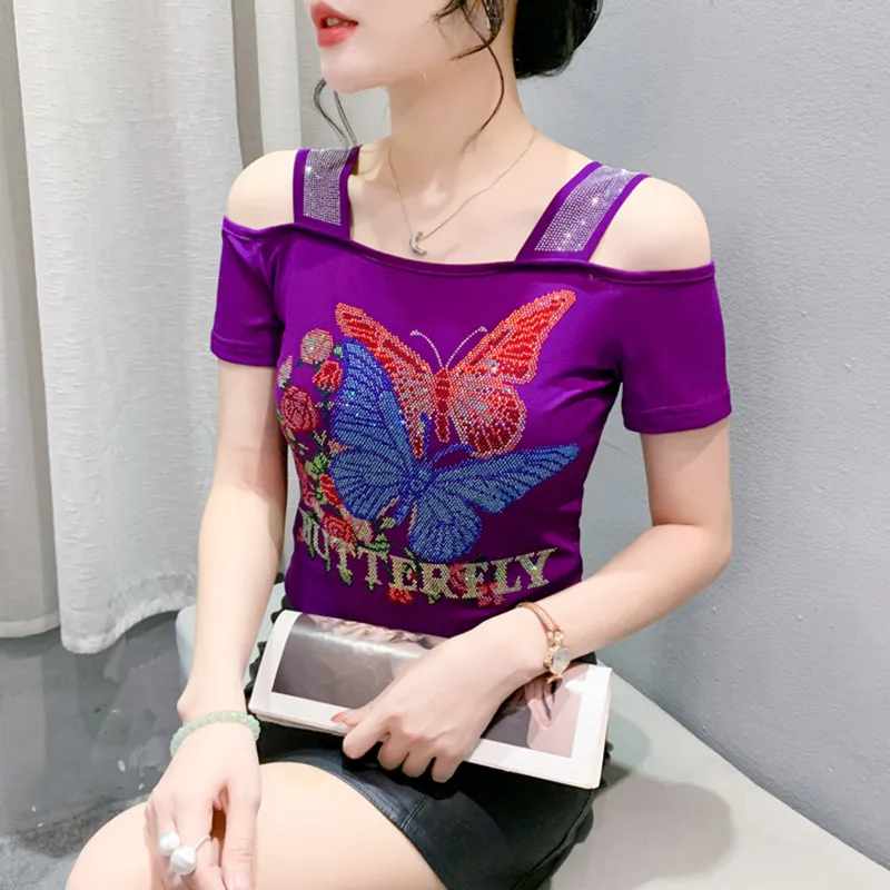 2024 New Summer European Clothes T-Shirt Women Sexy Off Shoulder Fashion Butterfly Shiny Diamonds Slim Tees Tops