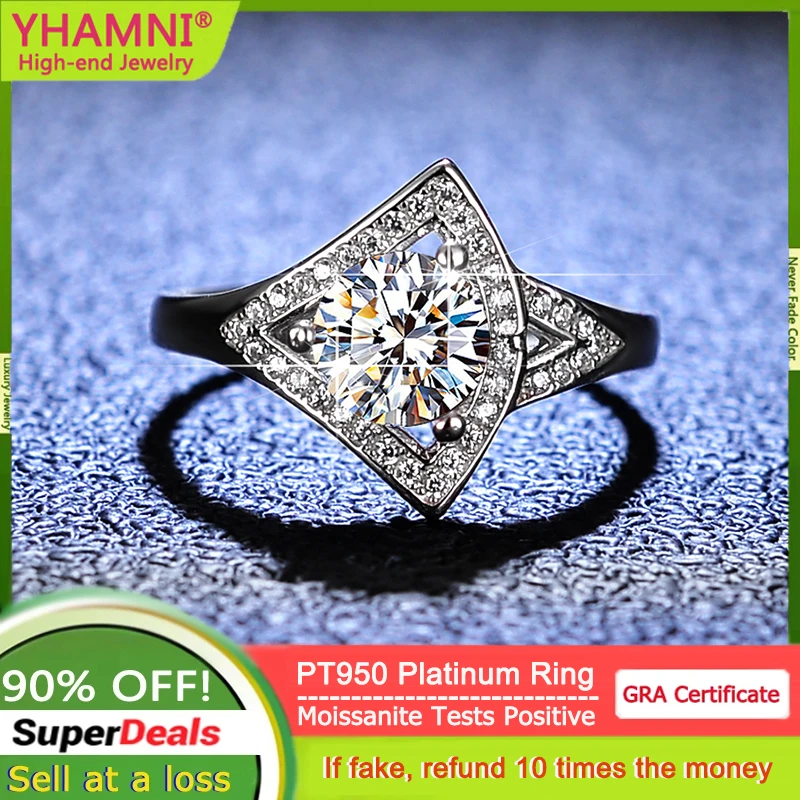 

YHAMNI Solid PT950 Platinum 100% кольца с муассанитом 1CT бриллиантовые обручальные кольца для женщин обещание Подарочные ювелирные изделия