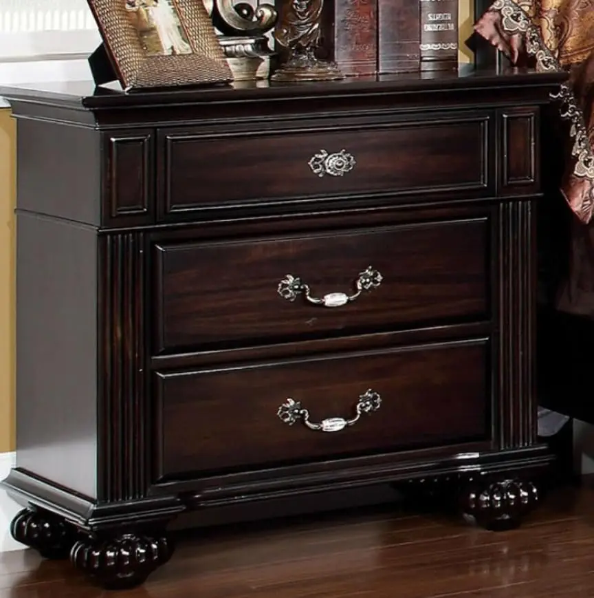 Traditional Nightstand With 3 Drawers & Antique Brass Handles, Dark Walnut, 29W X 17D X 29H Inches, Customized
