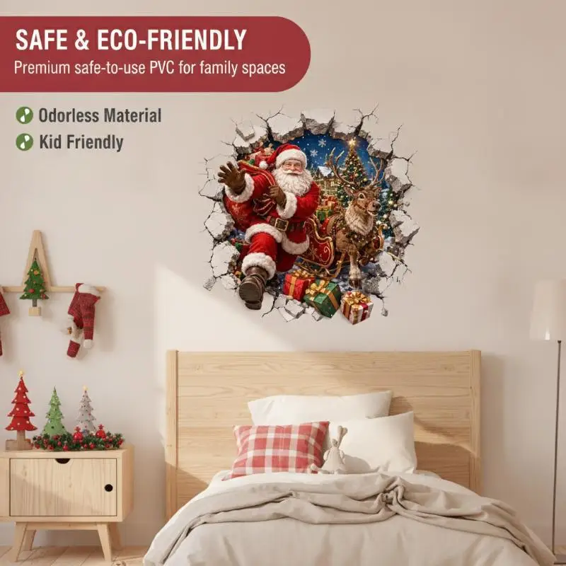 3D Broken Wall Christmas Decoration Self-Adhesive Santa Claus Wall Decal For Living Room And Bedroom